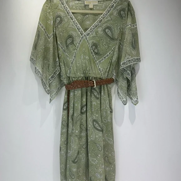 Michael Kors Paisley Georgette Handkerchief-Sleeve Dress Green S